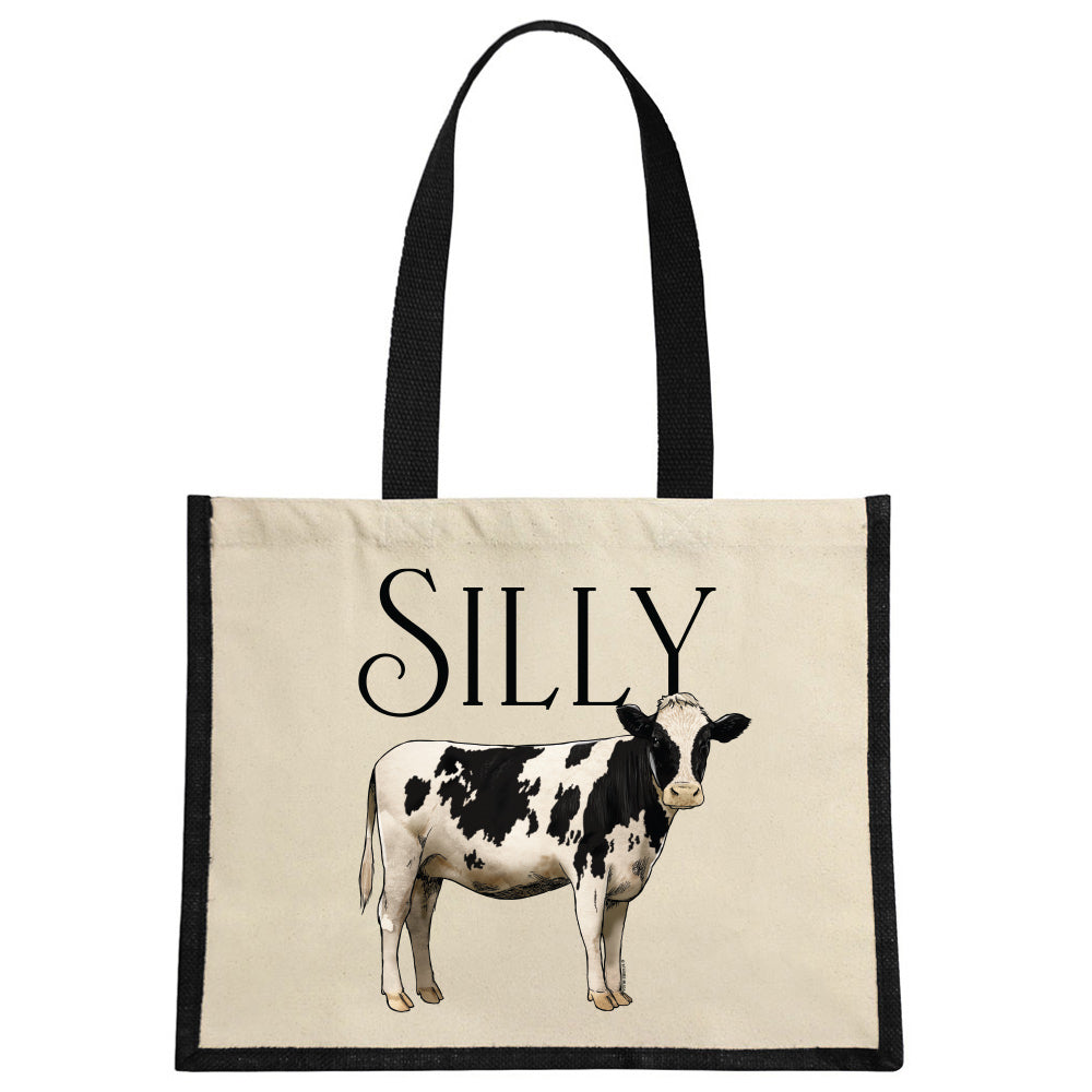 Wild Giggles Silly Cow Cream & Black Jute Bag