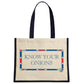 Terribly British Time Know Your Onions Cream & Navy Jute Bag