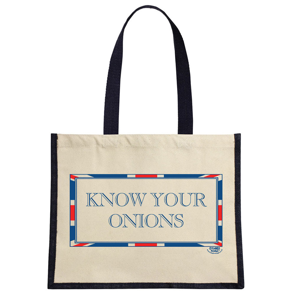 Terribly British Time Know Your Onions Cream & Navy Jute Bag