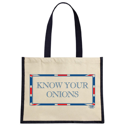 Terribly British Time Know Your Onions Cream & Navy Jute Bag