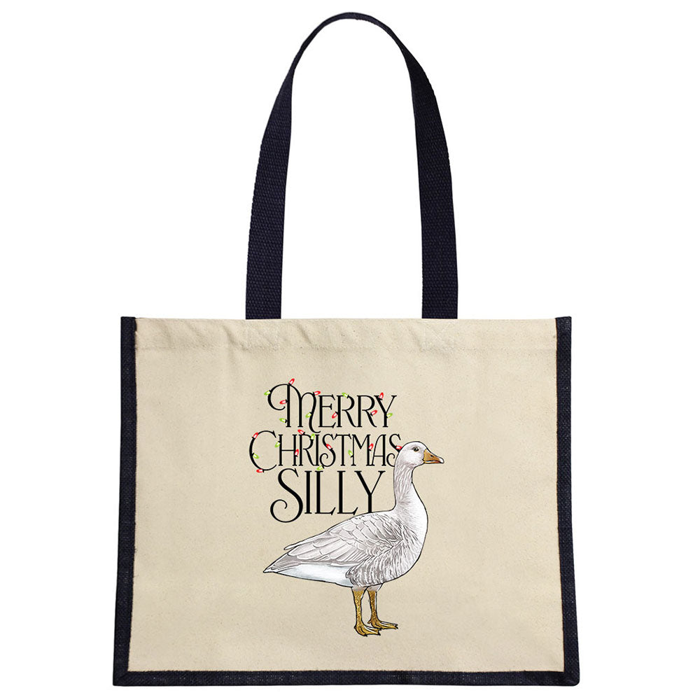 Wild Giggles Merry Christmas Silly Goose Cream & Navy Jute Bag