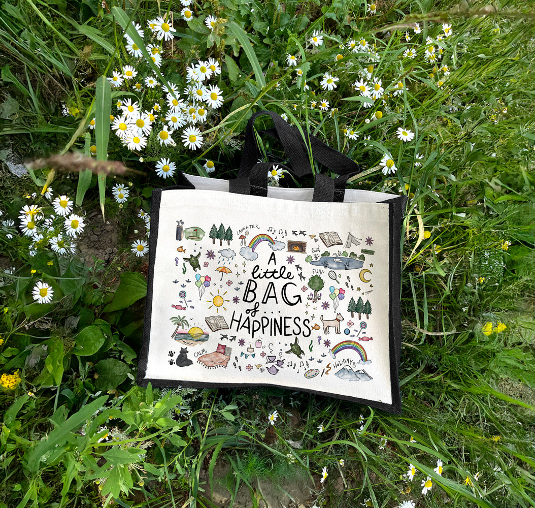 A Little Bag Of Happiness Cream & Black Jute Bag