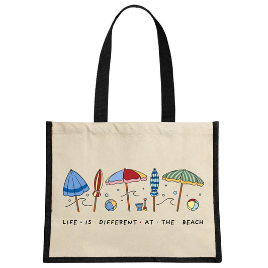By The Seaside - Life Is Different At The Beach Cream & Black Jute Bag