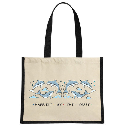 By The Seaside - Happiest By The Coast Cream & Black Jute Bag