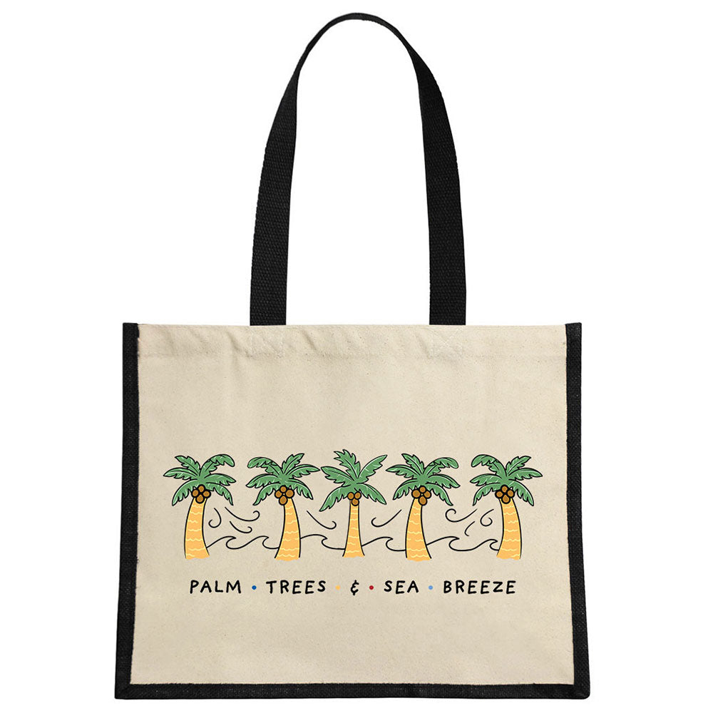 By The Seaside - Palm Trees & Open Breeze Cream & Black Jute Bag