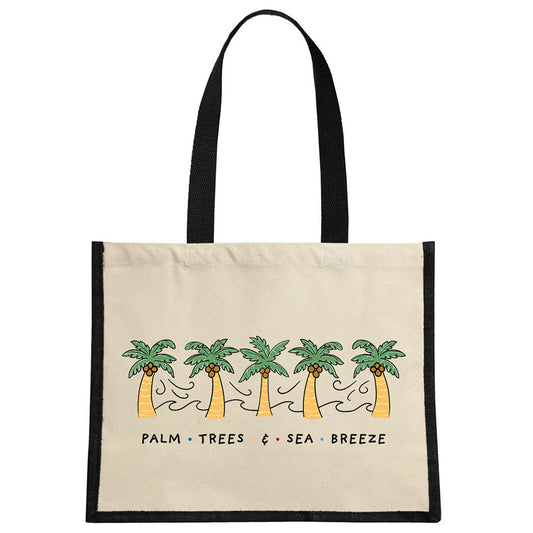 By The Seaside - Palm Trees & Open Breeze Cream & Black Jute Bag