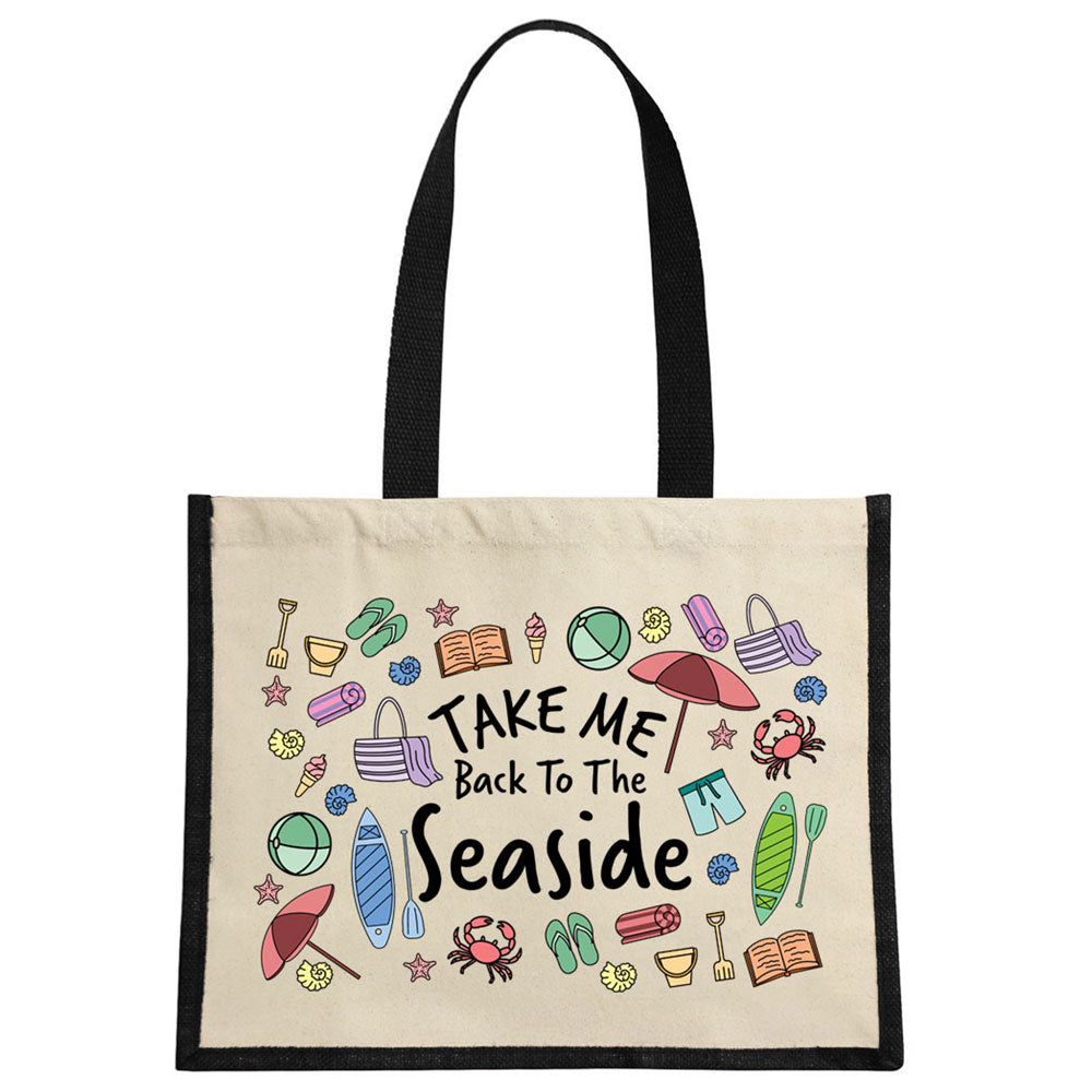 Take Me Back To The Seaside Cream & Black Jute Bag