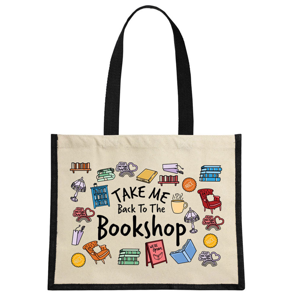 Take Me Back To The Bookshop Cream & Black Jute Bag