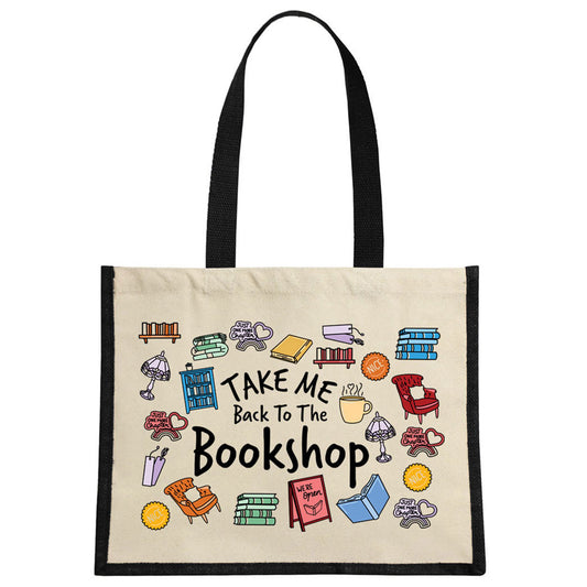 Take Me Back To The Bookshop Cream & Black Jute Bag