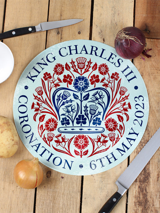 King Charles III Coronation Circular Glass Chopping Board
